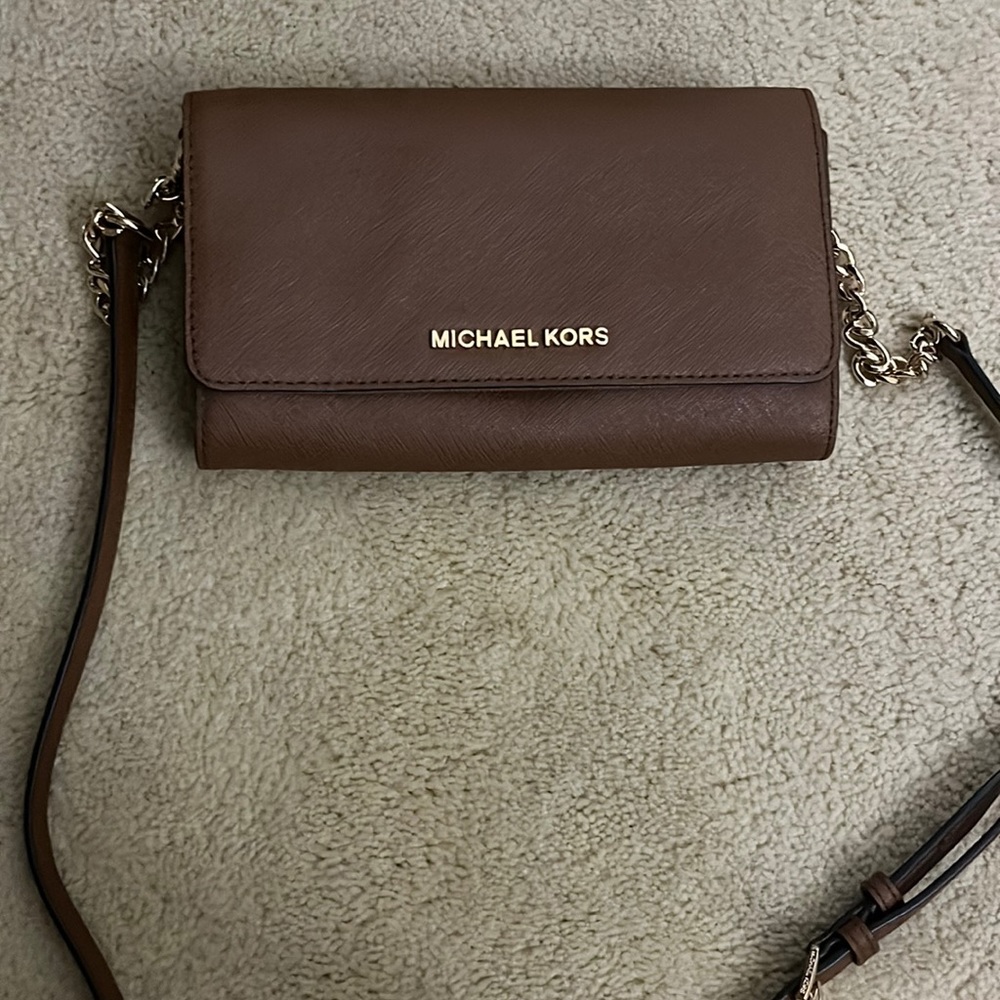 Michael Kors crossbody wallet clutch, light brown color, lightly used!
